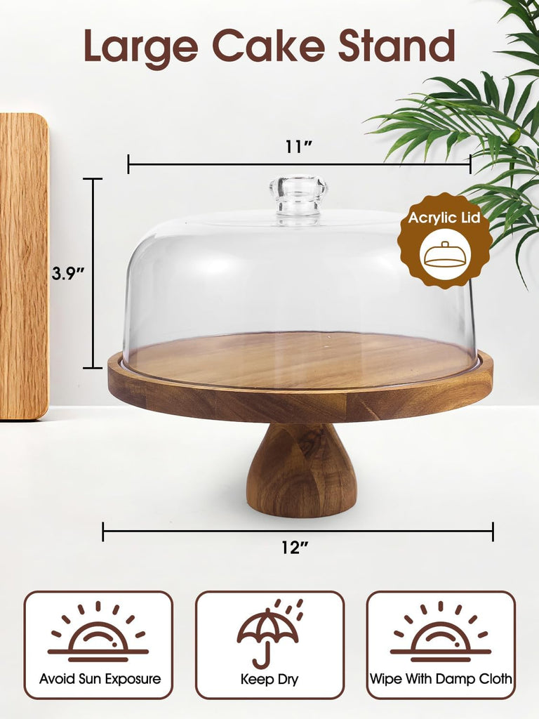 Acacia Wood Cake Stand with Acrylic Lid, 2-in-1 12 inch Round Cake Holder
