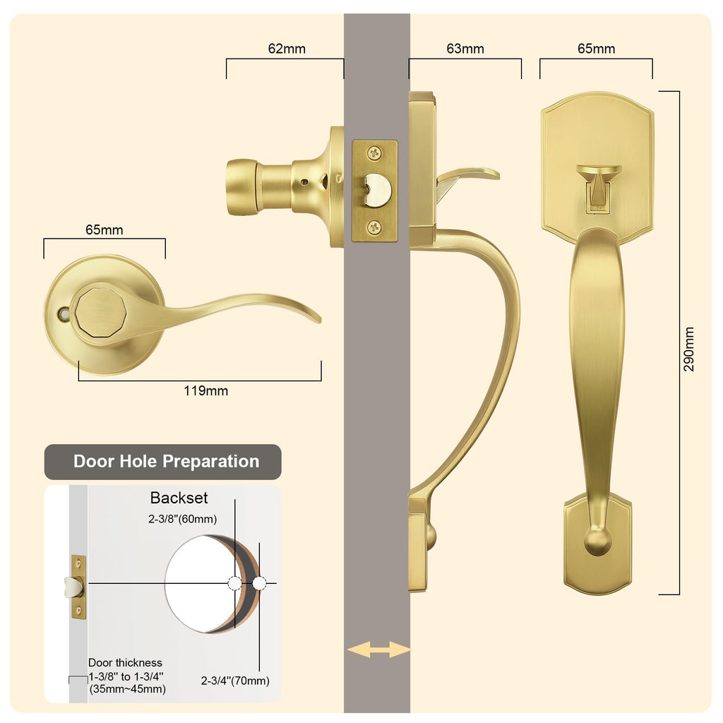 Front Door Handle,Brushed Gold, Heavy Duty Exterior Door Handle with Reversible Lever, Satin Gold Entry Lock Grip