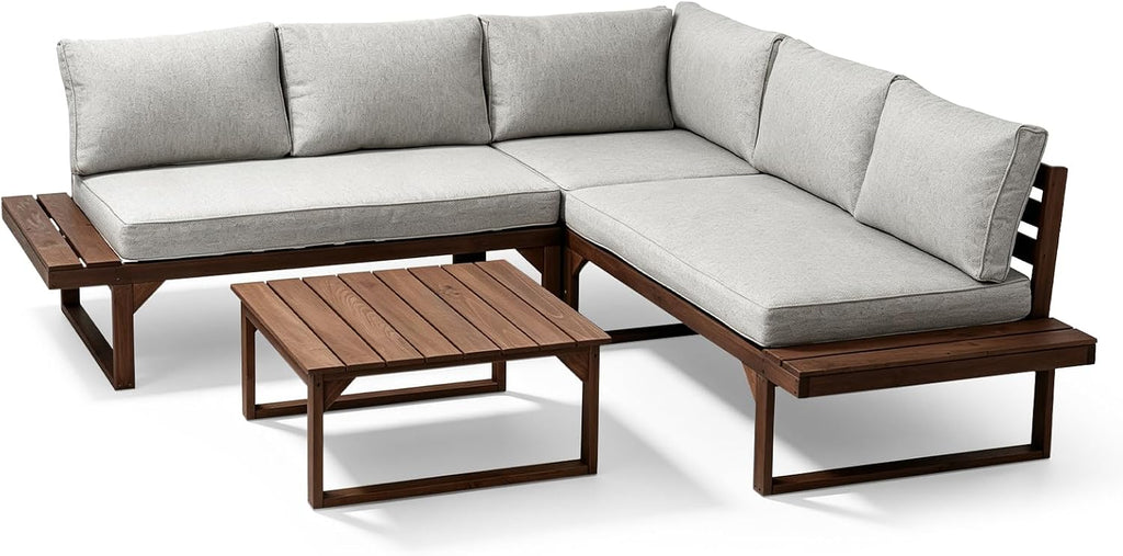 4 Piece Wood Patio Furniture, L-Shaped Outdoor Sectional Sofa Set with Coffee Table, Conversation Set with Built-in