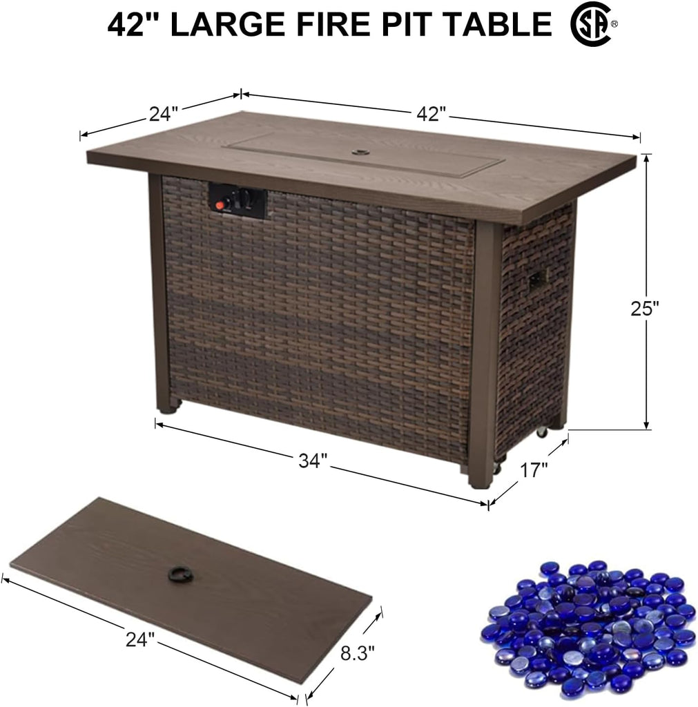 42" Propane Fire Pit Table, 50,000 BTU Outdoor Gas Fire Table with Lid