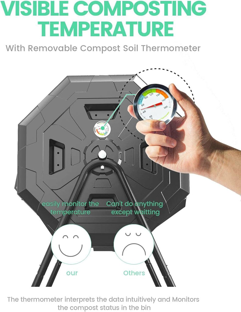 43 Gallon Dual Chamber Tumbling Composter with Integrated Thermometer - Rotatable Outdoor Compost Bin, Dual Batch