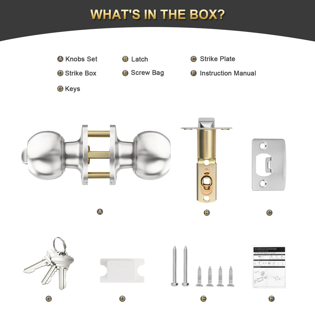 2 Pack Entry Door Knob with Lock, Keyed Different Door Lock for Exterior Door and Front Door, Standard Ball, Satin