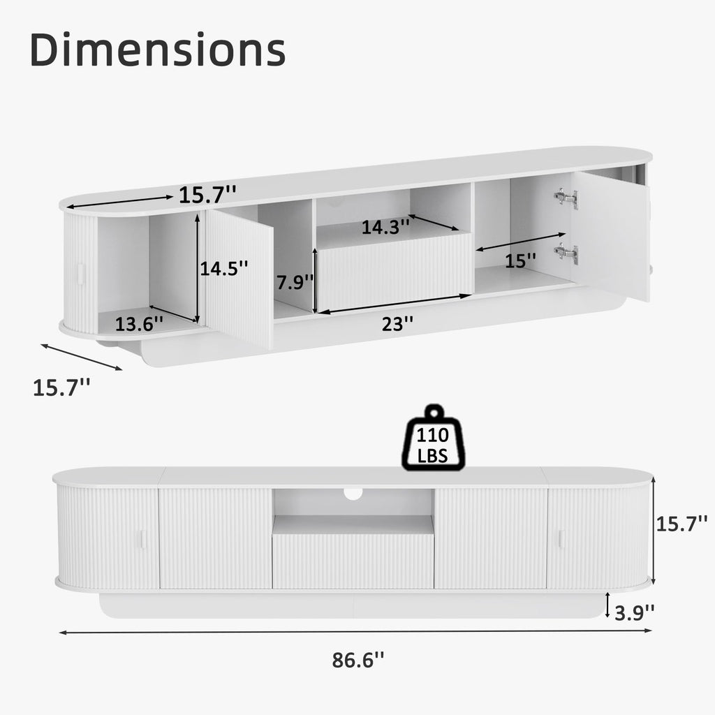 86.6'' Fluted TV Stand for 55-85 Inch, White TV Console