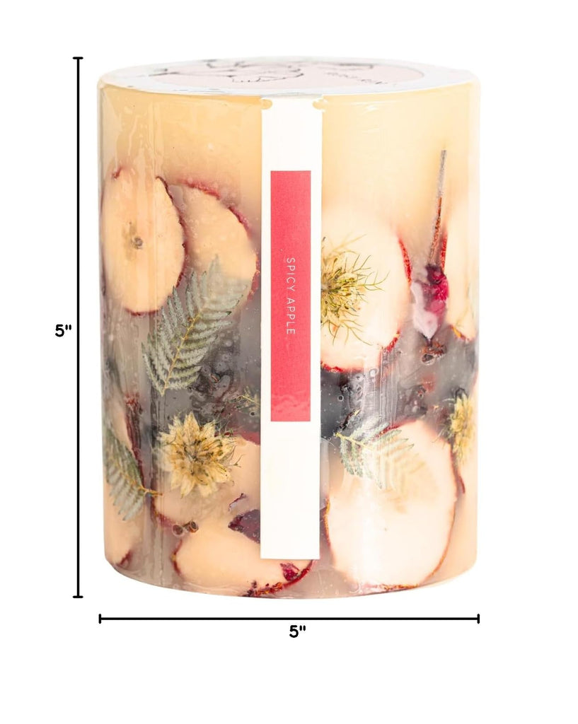 Large Round Botanical Candle - Spicy Apple 6.5" Burn Time 200 Hours Notes of Cardamom, Cinnamon, Clove, Long Lasting
