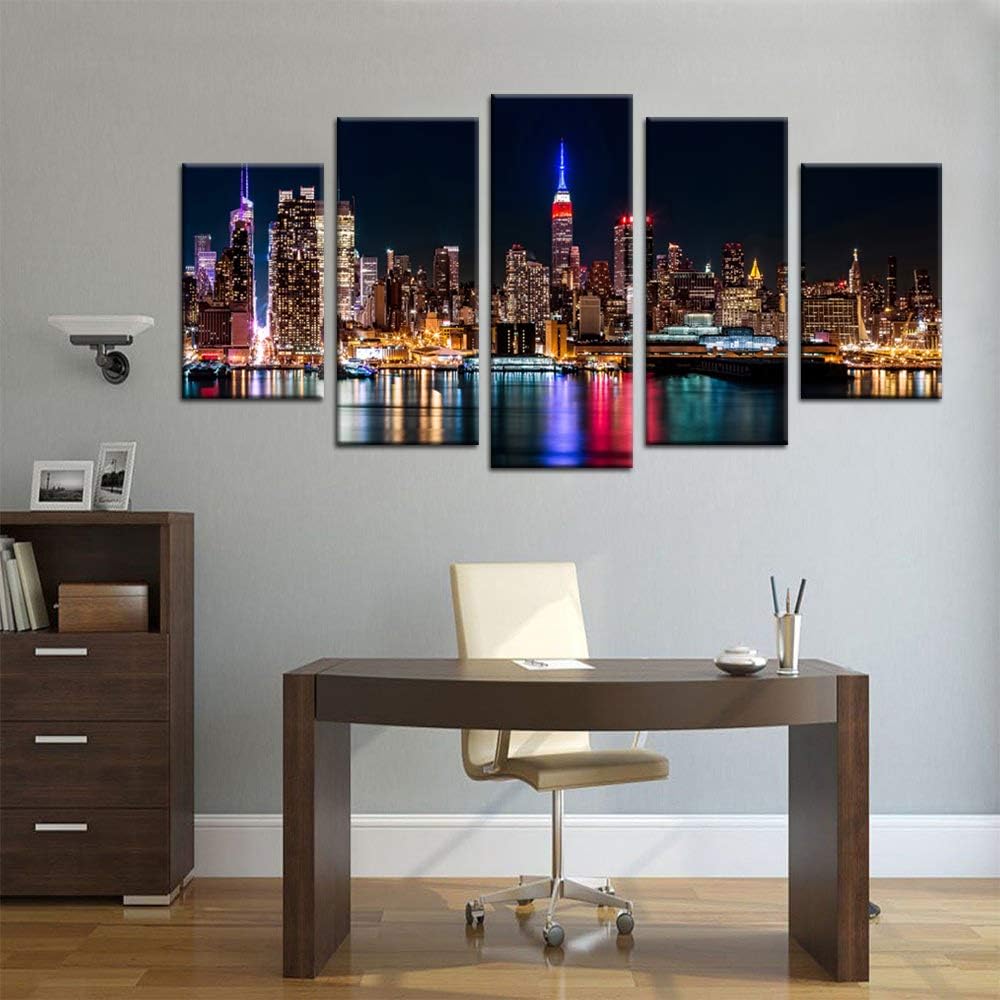 Large 5 Piece New York City Canvas Wall Art Manhattan Skyline at Night Picture Prints Modern Home Office Wall