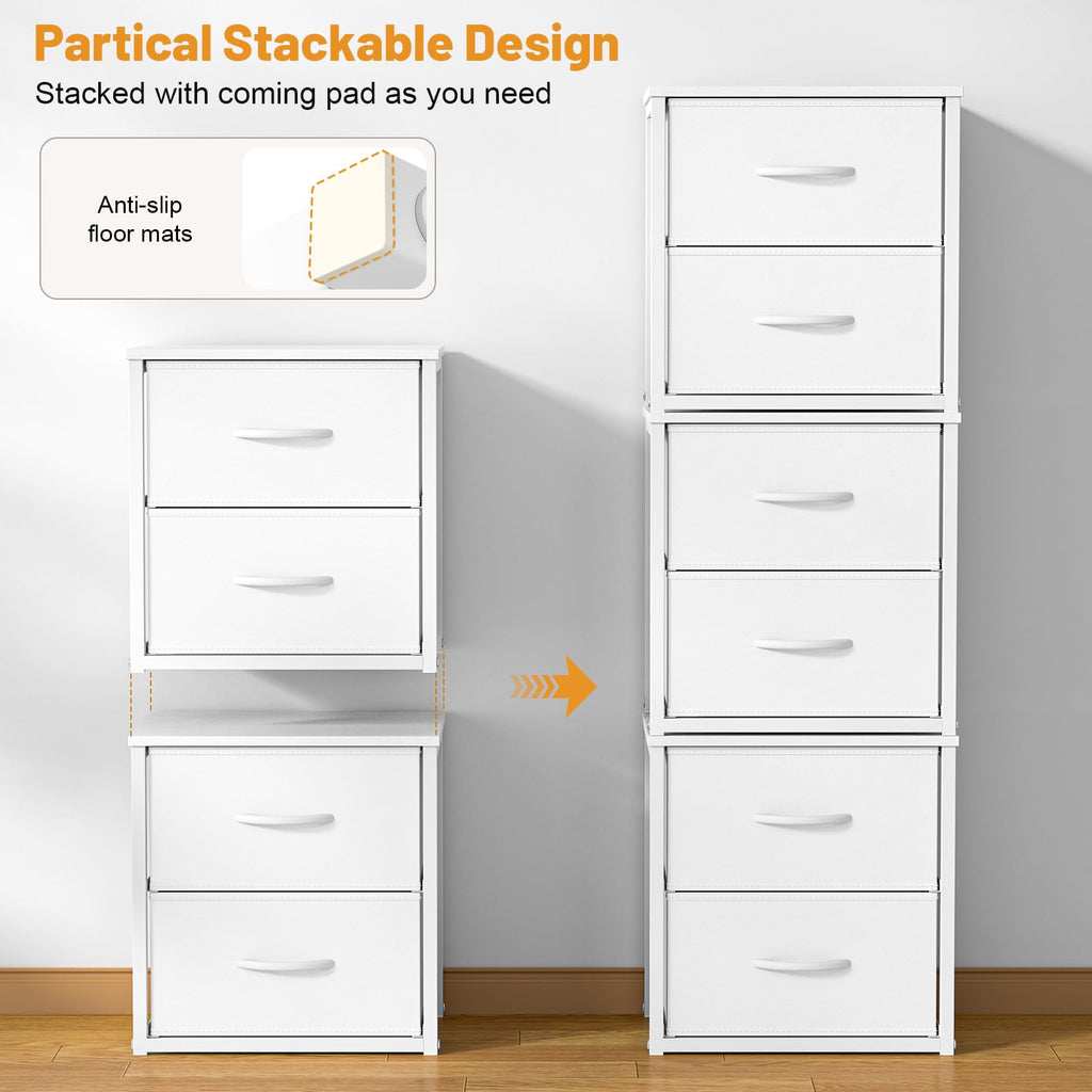 2-Pack Stackable Storage Drawers (4 Drawers Total), White Closet Organizer with Wooden Top & Metal Frame