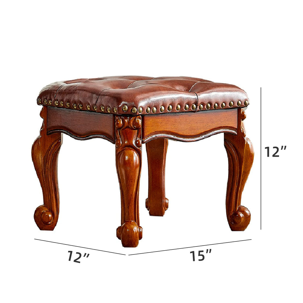 Small Footstool Brown Leather Ottoman, Vintage Carved Upholstered Footrest, Rubber Wooden Foot Rest Stool Sofa Stool