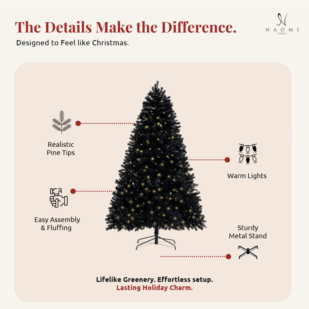 7.5 ft Black Pre-Lit Christmas Tree, 600 Warm Lights
