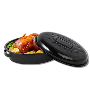 Roasting Pan 15.7 inch Oval Enamel Oven Roaster Pan with Lid for Turkey Chicken 11Lb Capacity Carbon Steel PFOA Free