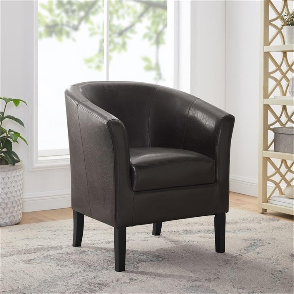 Contemporary Faux Leather Barrel Club Chair, Brown Finish, Rubberwood Frame, Upholstered Vinyl, Flared Armrests