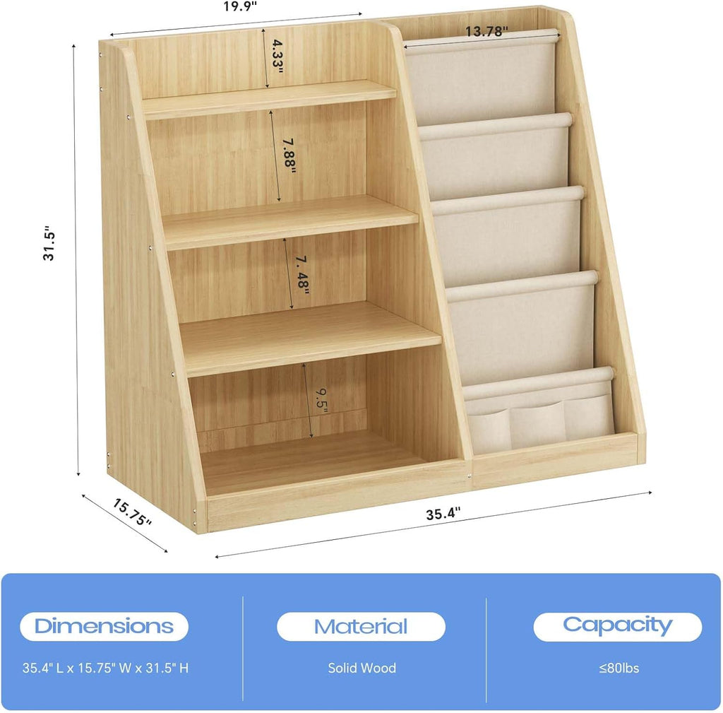 Kids Bookshelf and Toy Storage Organizer, 4 Tier Wooden Kids Book Shelf with Sling Book Rack in Kids Room Playroom