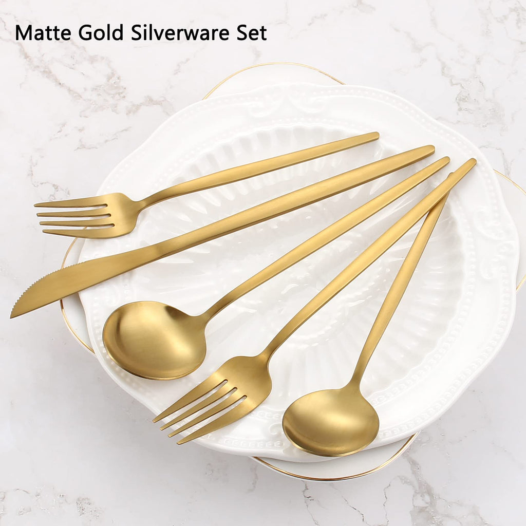 Matte Gold Silverware Set, 40-Piece Stainless Steel Flatware Set, Satin Finish tableware Cutlery Set, Service for 8