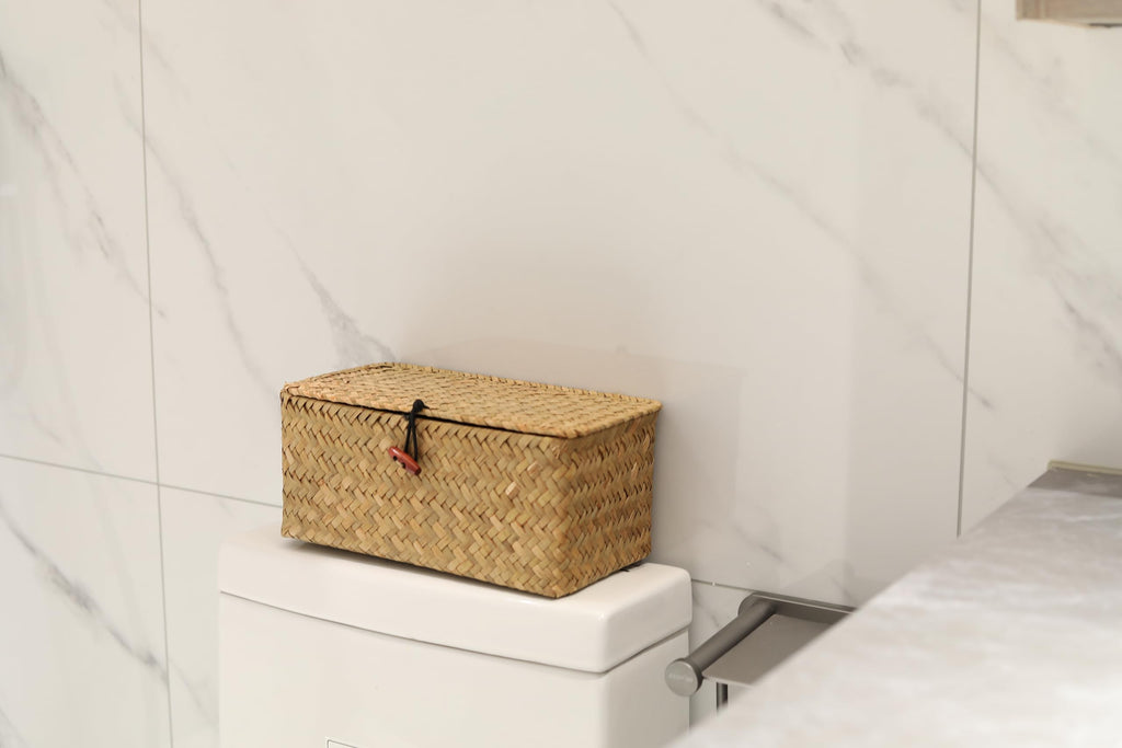 Rectangular Handwoven Seagrass Small Storage Basket with Lid for Shelves and Home Organizer Bins, S