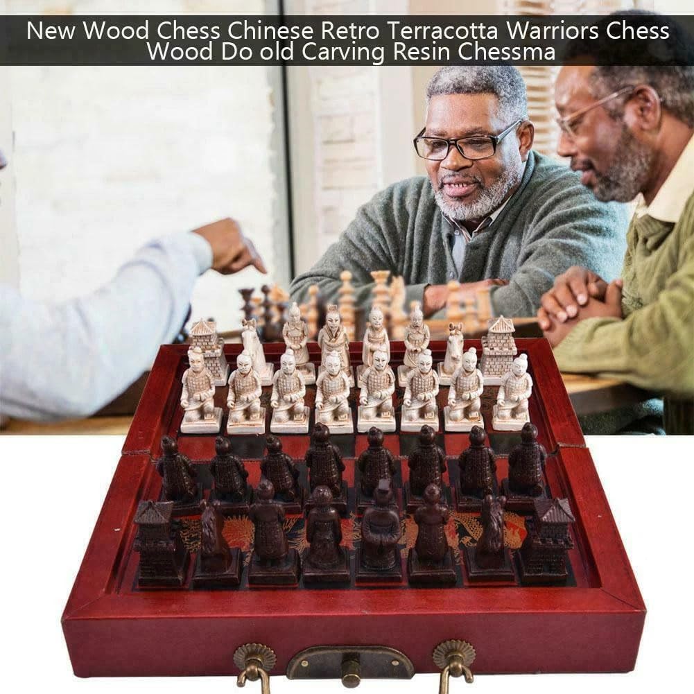 Retro Vintage Chinese Terracotta Warriors Chess Set Board Game Set Gift Friends Family 32 Chess Set Wood Table 3D - Set of 32