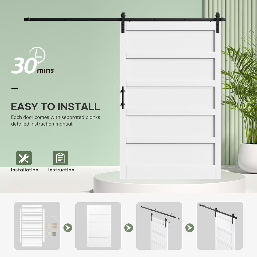 54x96 Inch White Sliding Barn Door Slab with 9ft Hardware Kit Included, 5-Panel, MDF Wood Panel Covered with