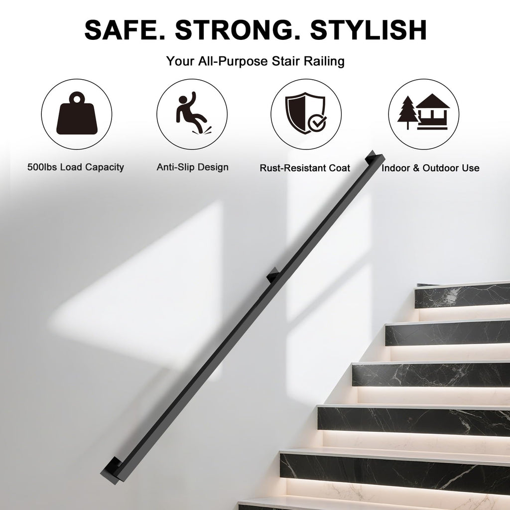 7FT Stair Railing Indoor, Black Metal Wall Mounted Handrail for Stairs, 500lbs Load Capacity Industrial Pipe Hand