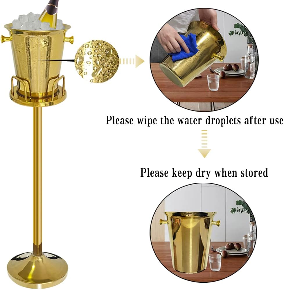 Ice Bucket with Stand 201 Stainless Steel Ice Bucket Standing Hammered 13Lbs Gold Ice Bucket with Carrying Handle
