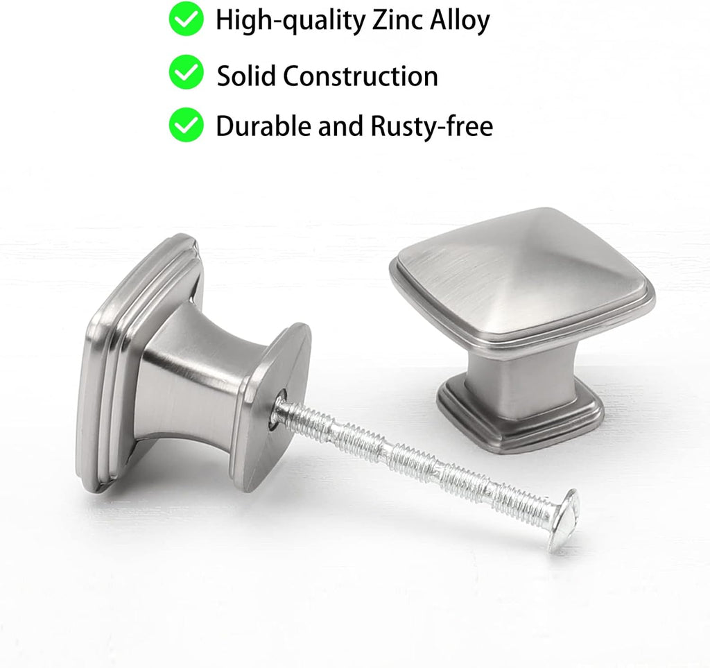 30 Pack Cabinet Knobs Brushed Nickel Drawer Knobs Silver Square Kitchen Hardware Satin Nickel Door Handles ,Zinc Alloy