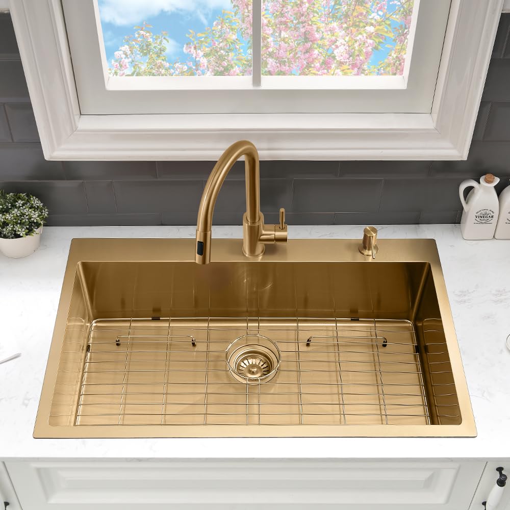 33 Gold Kitchen Sink with Faucet Combo Set Drop In Top Mount Sink