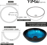 Vessel Sink 12" Bathroom Sinks Tempered Glass Blue Art Basin Round Bowl with Faucet Combo, Blue