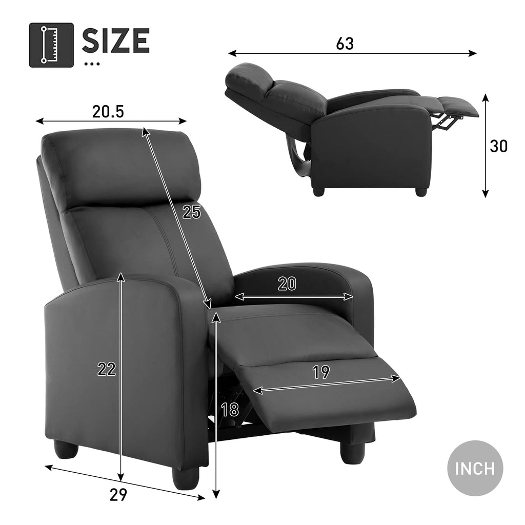 Recliner Chair Lounge Chaise Wingback Single Sofa Modern Home Theater Seating, Adjustable Height, Faux Leather, Black