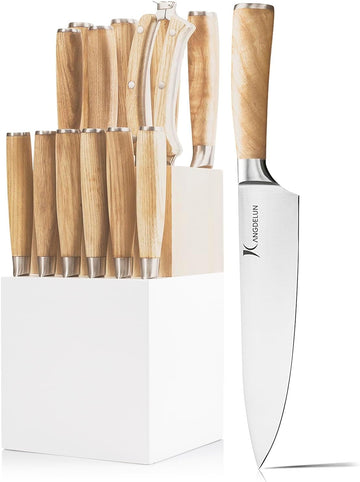 Ultra Sharp 14-Piece Kitchen Knife Set, High Carbon Stainless Steel Blades, Torrefied Natural Wood Handles, Ergonomic