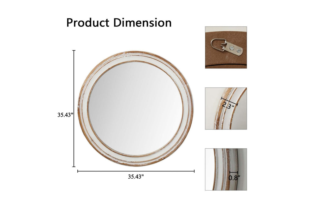 Round Wall Mirror with Distressed Wood Frame, Rustic Farmhouse Style, Ideal Decor (35.43x35.43)