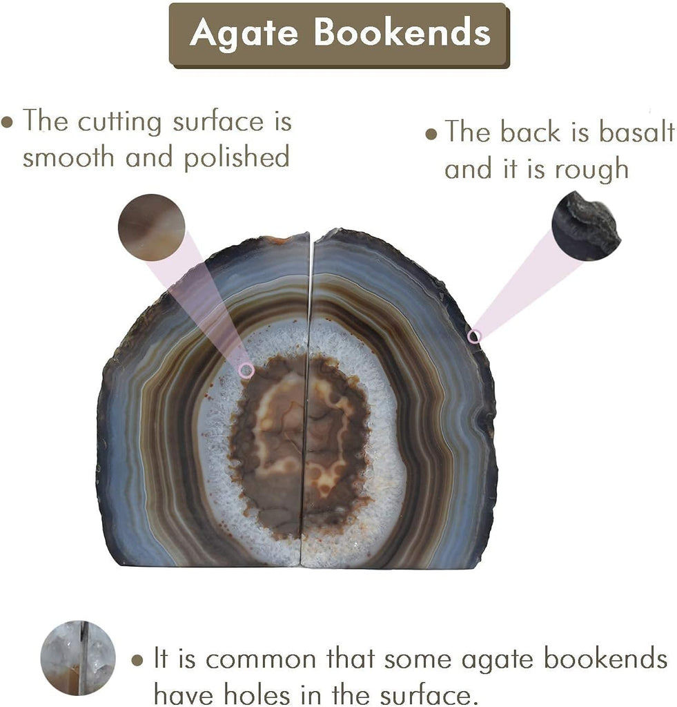 Agate Geode Bookends with Rubber Bumpers Premium Quality 3 to 5 lbs Set of Non-Skid Book Stopper for Books, Shelves