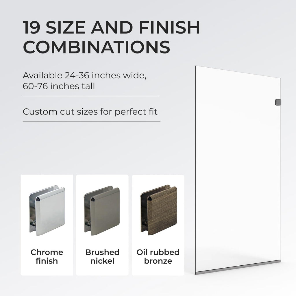 30x76 Frameless Shower Panel - 3/8" Thick Tempered Safety Glass - Fixed Bathroom Partition - Brushed Nickel Finish