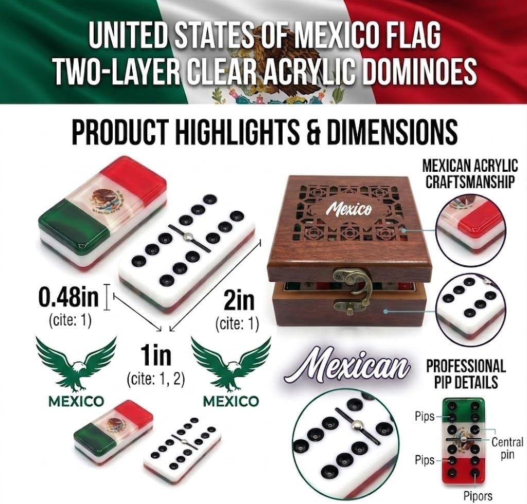Mexico flag Dominoes Premium Edition Mexican Dominoes Set Deluxe - Double Six Domino Adult Tiles with Mexican Flag