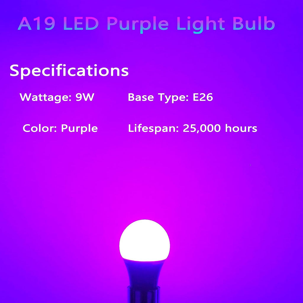LED Purple Light Bulbs, A19 9W(60W Equivalent), E26 Base for Party