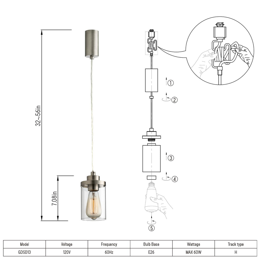 H Type Track Lighting Pendant, Brushed Nickel, Pack of 3