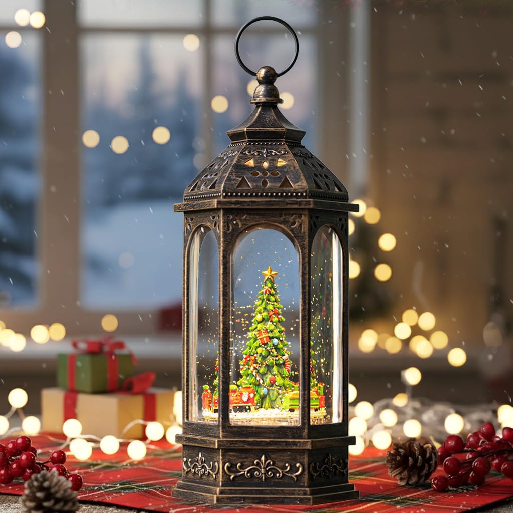 Animated Christmas Snow Globe Lantern Octagon with Rotating Train Christmas Tree Scene Music Box, USB and Battery