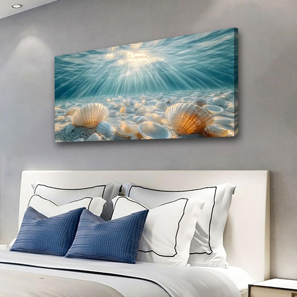 Ocean Underwater Wall Art 20x40 Inch Large Beach Seashell Canvas Wall Decor Teal Blue Coastal Ocean Print with