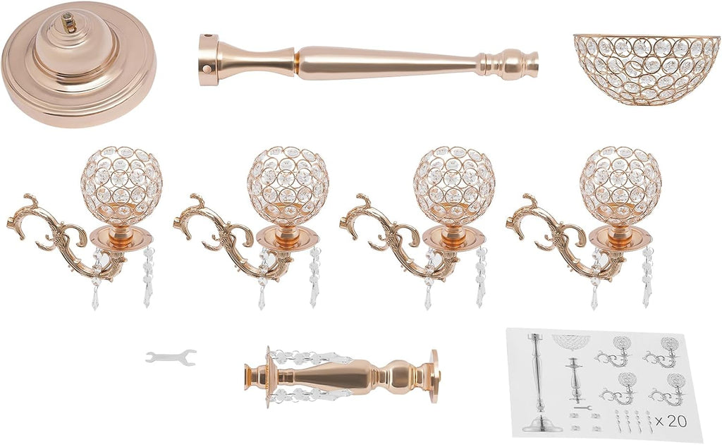 Gold Centerpieces for Table, 5 Arm Crystal Candelabra Holder with Pendant, 4 Candle Slots & 1 Flower Vase, Table