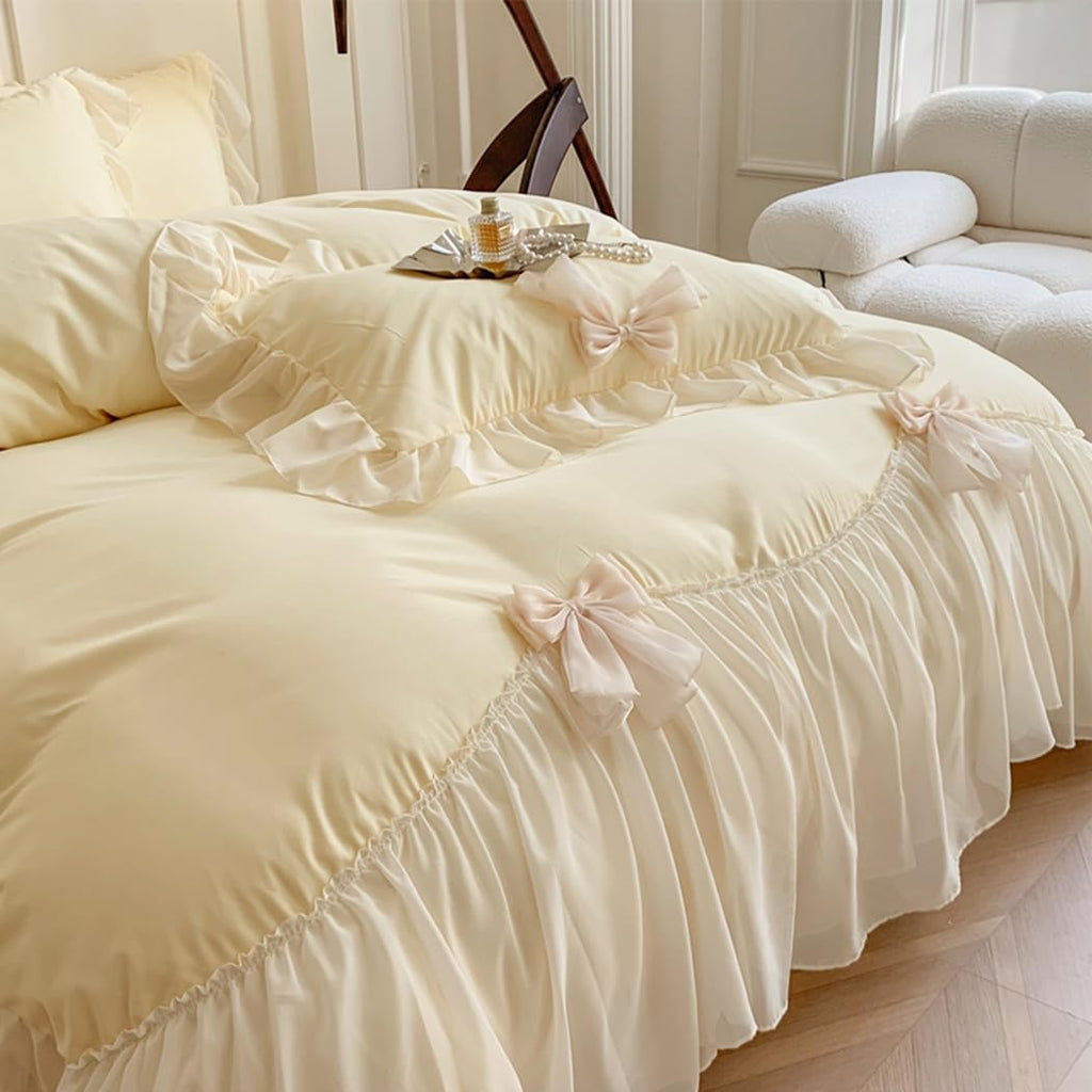 Ruffled Bedding Bow Duvet Cover Set with Butterfly Tie, Comforter Cover Set, Shabby Chic Bedding Set, Romantic