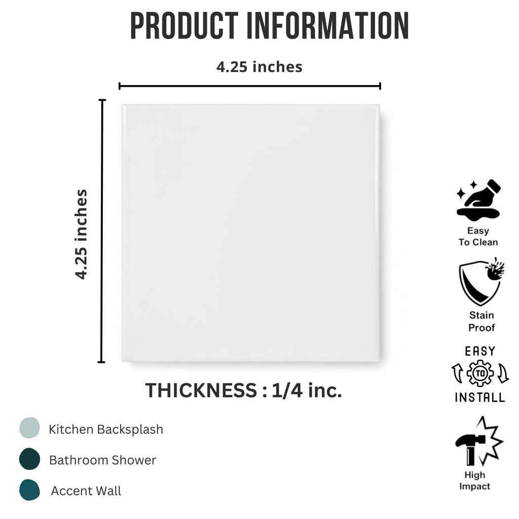 4.25x4.25 Inch Glossy White Ceramic Wall Tile by - Box of 10 Pieces (1 Sq Ft) for Classic Kitchen Backsplash