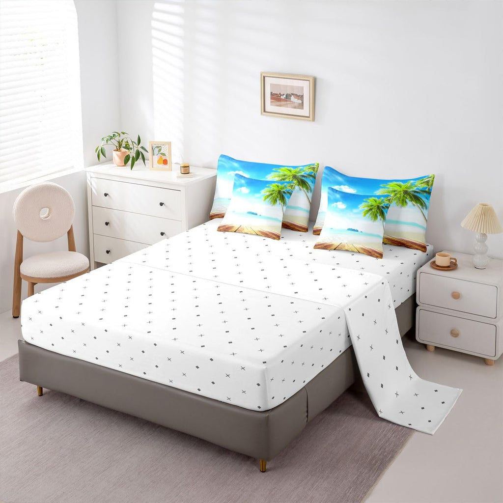 Beach Comforter Set 7 Pieces, Ocean Bed in A Bag, Tropical Palm Tree Hawaiin Bedding Set with Comforters