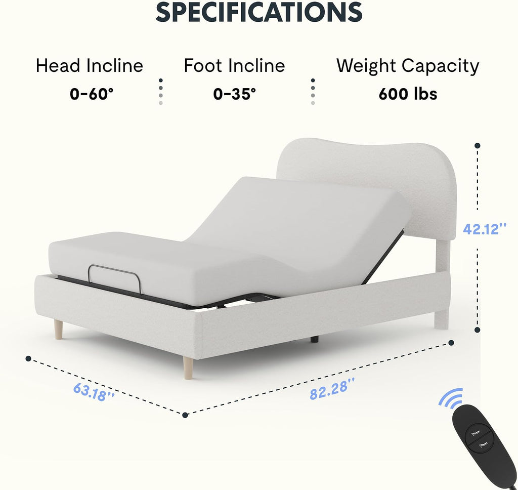 Queen Adjustable Bed with Boucle Upholstered Bed Frame, White