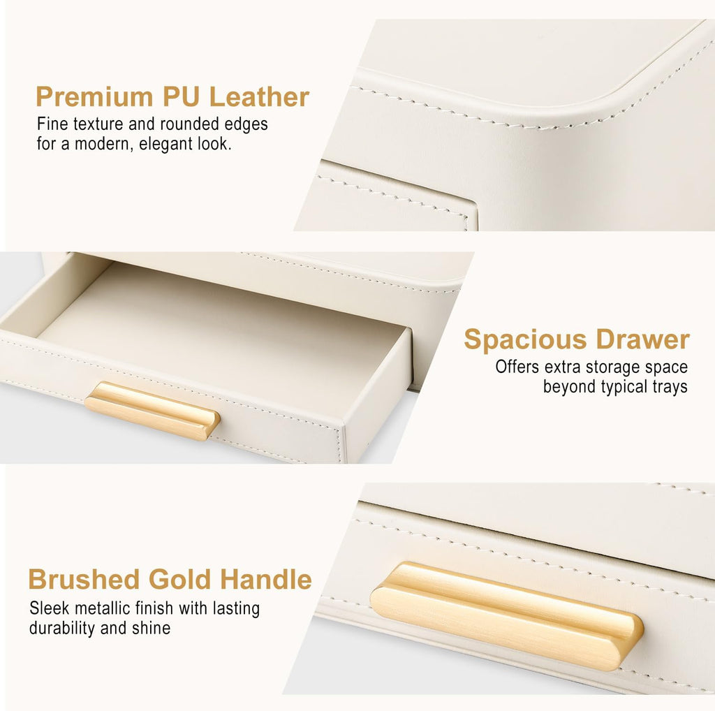 PU Leather Valet Tray with Drawer, Nightstand Organizer Catch All Tray for Jewelry Perfume Purse Trinket Key Holder