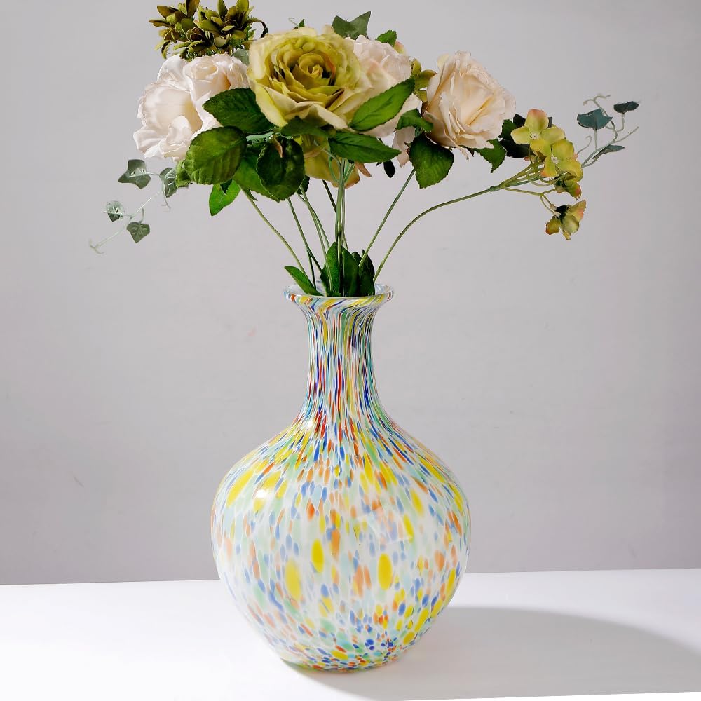 Hand Blown Colorful Round Murano-Style Art Glass Vase - 12.5" Tall,Wide Mouth Glass Vase for Mantle Dining Table