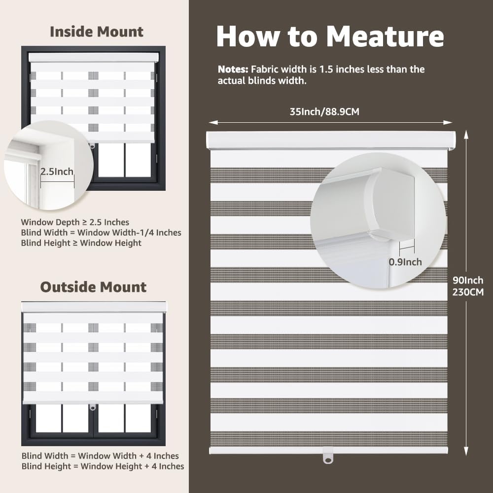 Cordless Zebra Blinds for Window, French Door Blinds Free-Stop Roller Window Shades with Valance 35" W x 90" H, Light