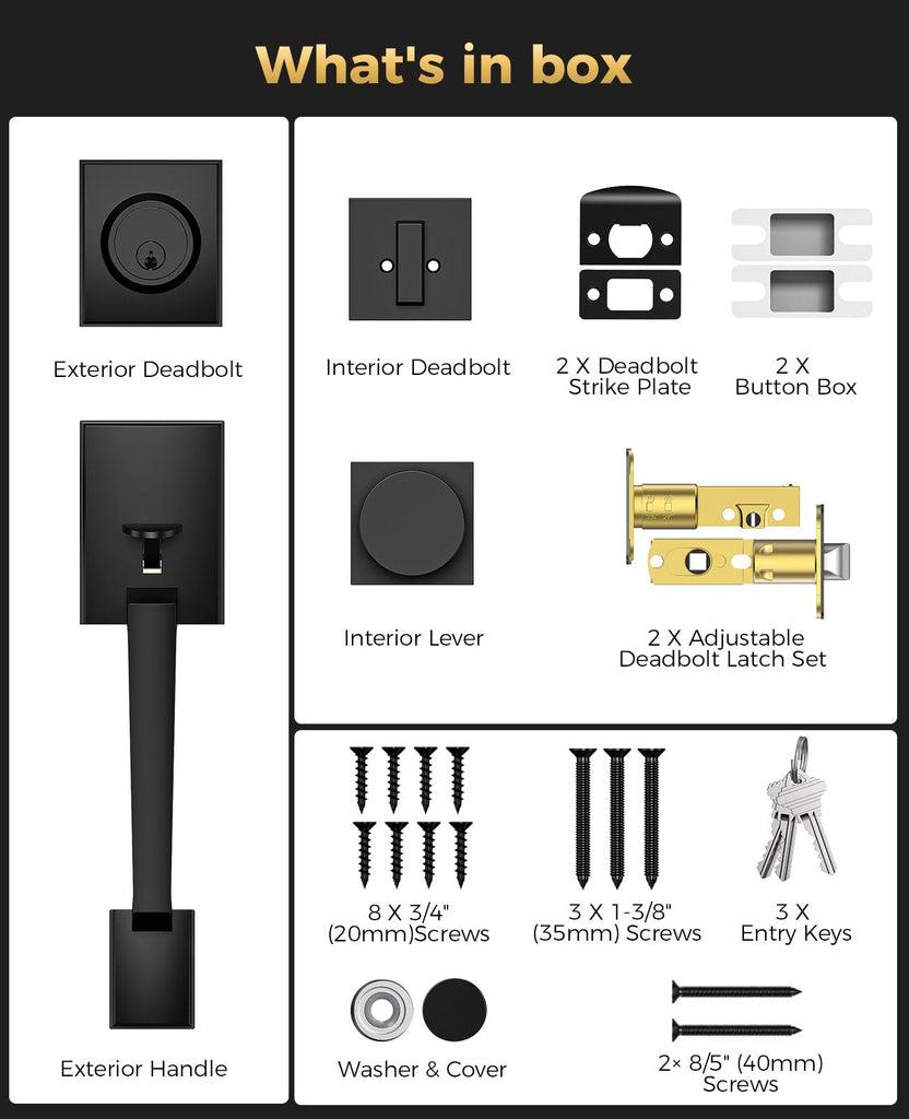 Black Front Door Handle and Deadbolt Set with Modern Exterior Knob