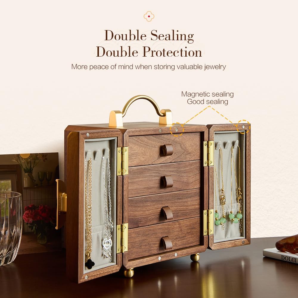 Black Walnut Jewelry Organizer, Wooden Jewelry Box with Gold Handle
