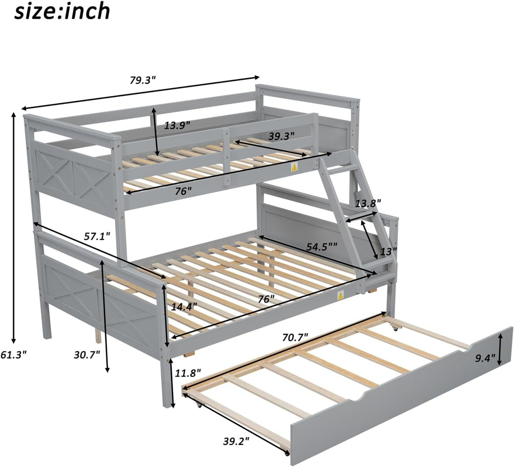 Trundle Bunk Bed, Twin Over Full Wood Bunk Bed with Twin Trundle, Solid Wood Bunk Bed Frame with Guardrail and Ladder
