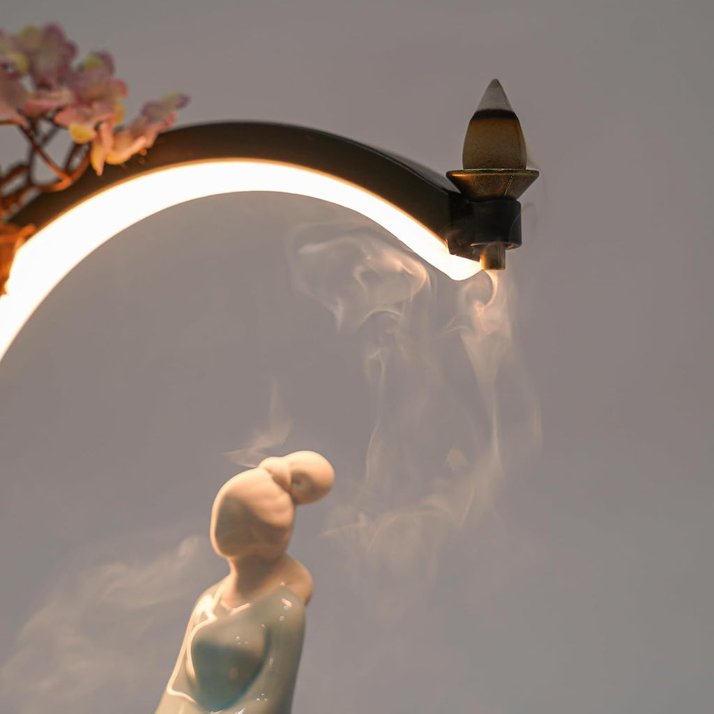 Backflow Incense Burner, Chinese Style Peach Blossom Incense Holder with LED Light, Ceramic Incense Cone Burner Home