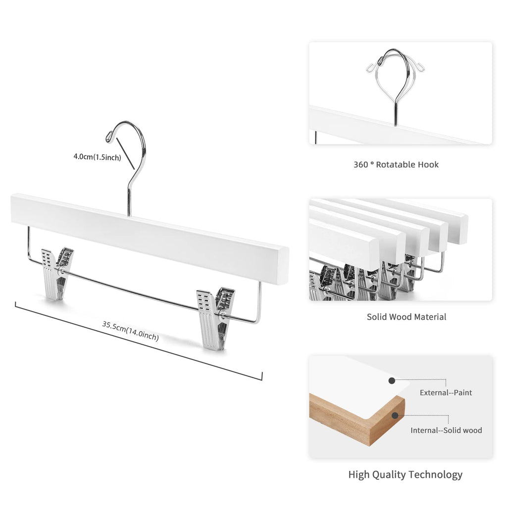Deluxe Wooden Pants Hangers Solid Wood Bottom Jeans Hanger Skirt Hanger with 2-Adjustable Clips Pack of 20 (White)