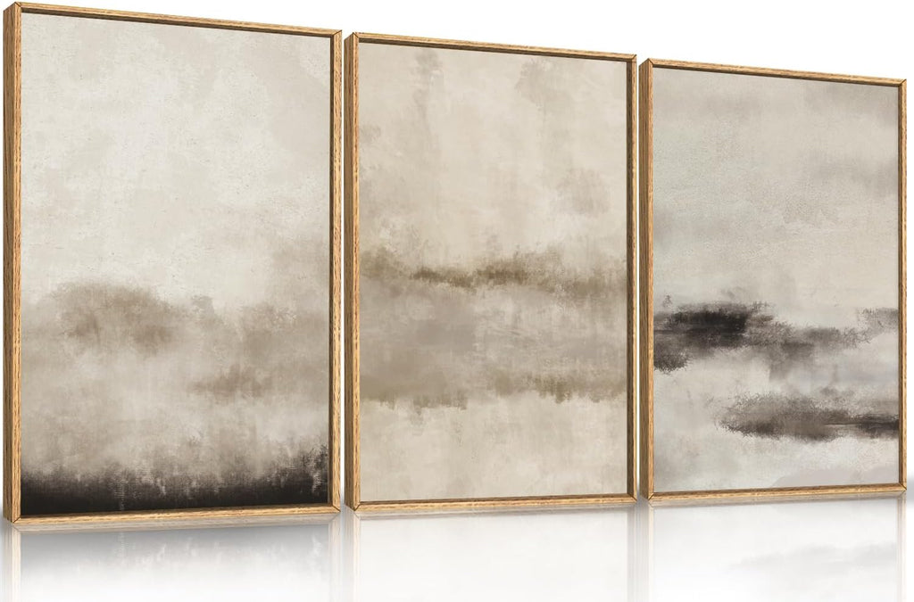 Large Abstract Framed Canvas Wall Art Set,Minimalist Beige Gray Pastel Watercolor Wall Decor,Modern