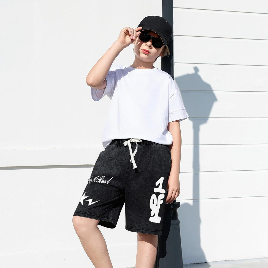 Graphic Shorts for Boys Streetwear Y2k Short Star Lettering Print Shorts Kids Vintage Aicd Wash Drawstring Shorts