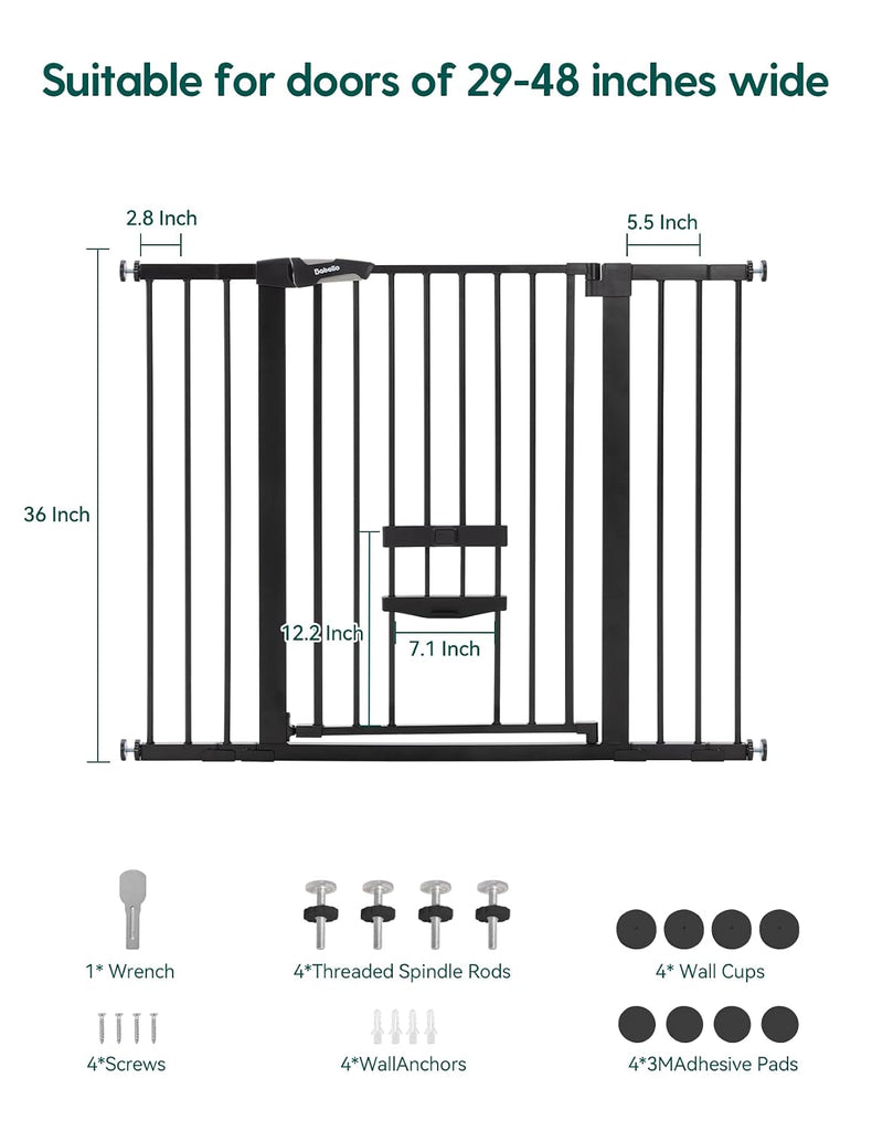 36" Tall Dog Gate with Cat Door, CatPrivilege II, 29-48", Black